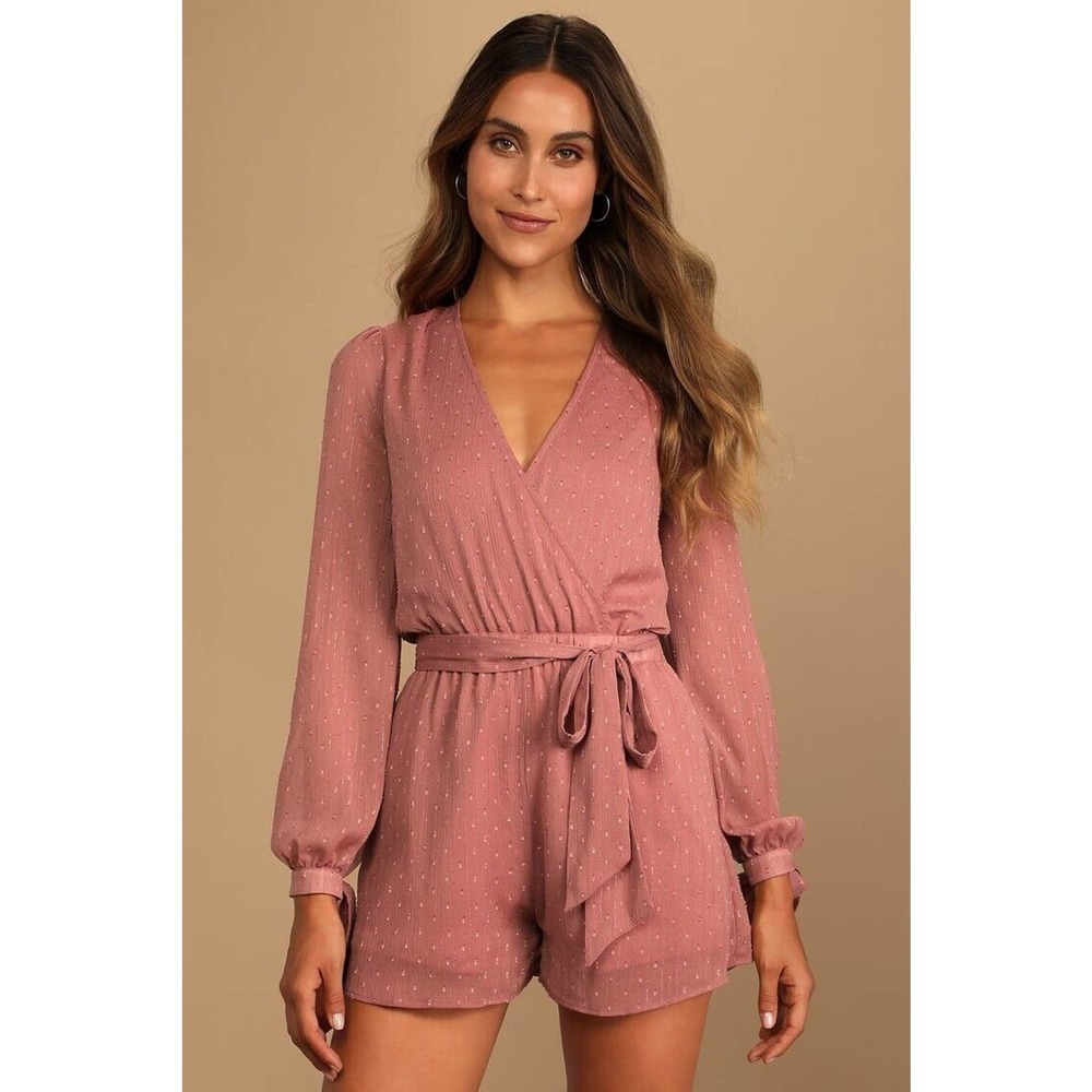 Lulu’s Closer Look Dusty Rose Mauve Swiss Dot Tie Sleeve Romper Womens Sz S NWT
